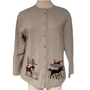 Vintage Bon Worth Women's Embroidered Horse Cardigan Jacket Size Medium Barn